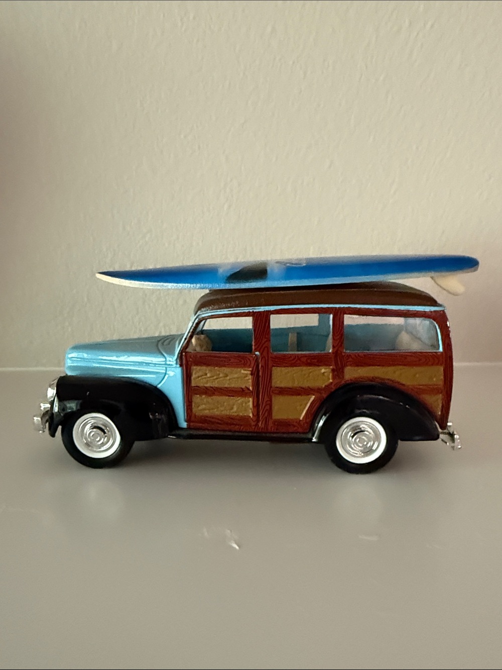 Blue and Brown Retro Woody Station Wagon Model Car with Surfboard